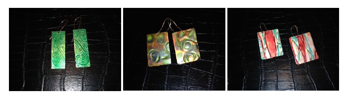 Melissa Zahm - Copper Staining Workshop samples of 3 pairs of textured and stained copper