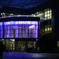 Night time view of the lobby to the Vargas Gallery at Mission College in Santa Clara CA
