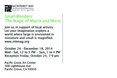 Postcard back for Small Wonders at the Pacific Grove Art Center in 2014