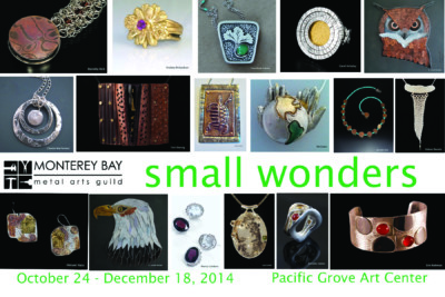 Postcard front with images of rings, pendants, necklaces, rings, bracelets, earrings, and sculpture for Small Wonders at the Pacific Grove Art Center in 2014