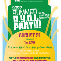 flyer with a sun, a blue sky, and details of the summer party 2022