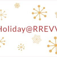 white background, with gold snowflakes and red text with the title Holiday @ RREVV