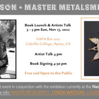 book launch and artists talk flier summary with photo of Lynda Watson and her cat and a photo of the cover of the book "Looking Back Lynda Watson Master Metalsmith"