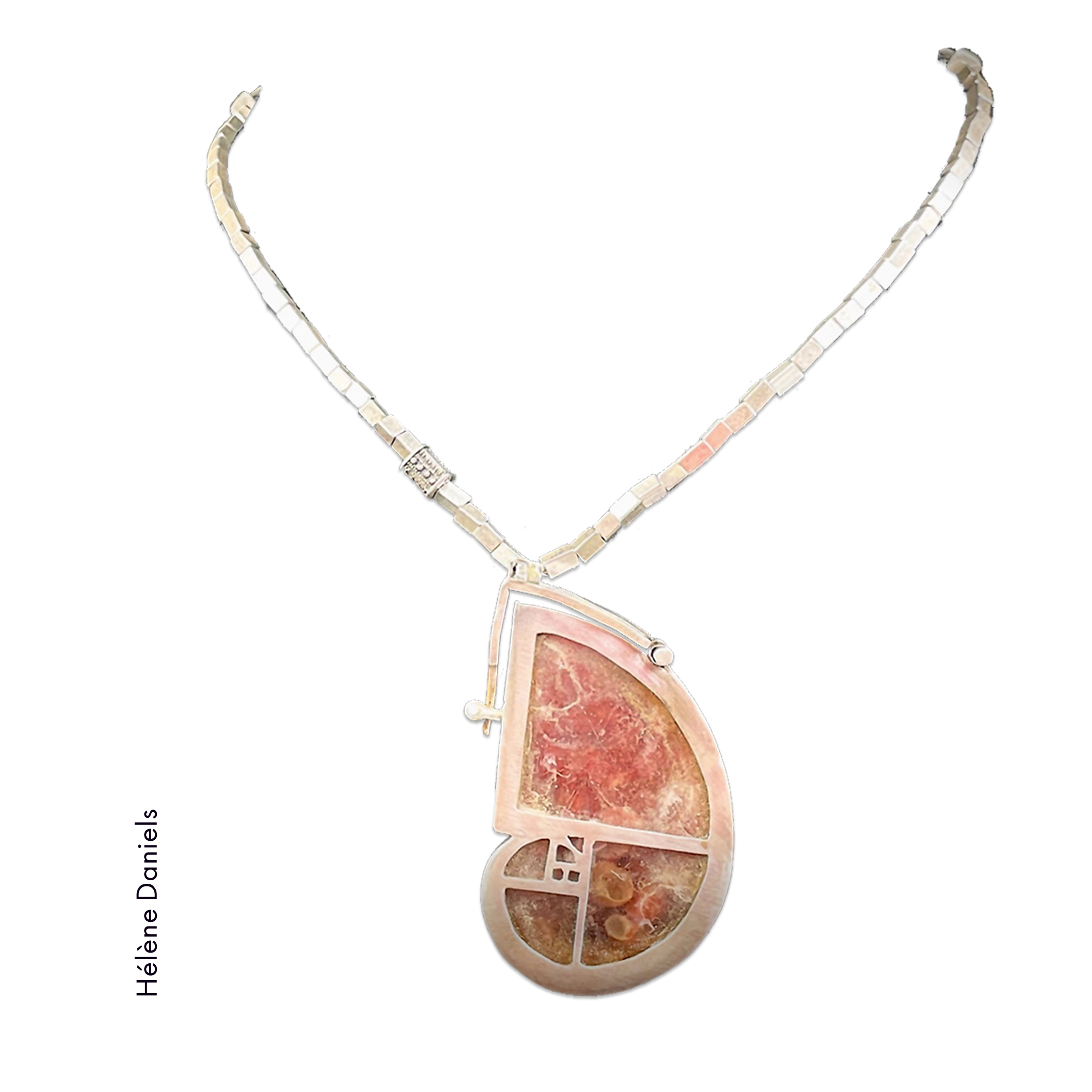 Necklace with square bead covered chain, and nautilus shell shaped pendant with fossilized stone by Helene Daniels