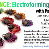 Text details for electroforming workshop with instructor name, dates, times, price, # students, and how to register along with an image showing electroformed glass