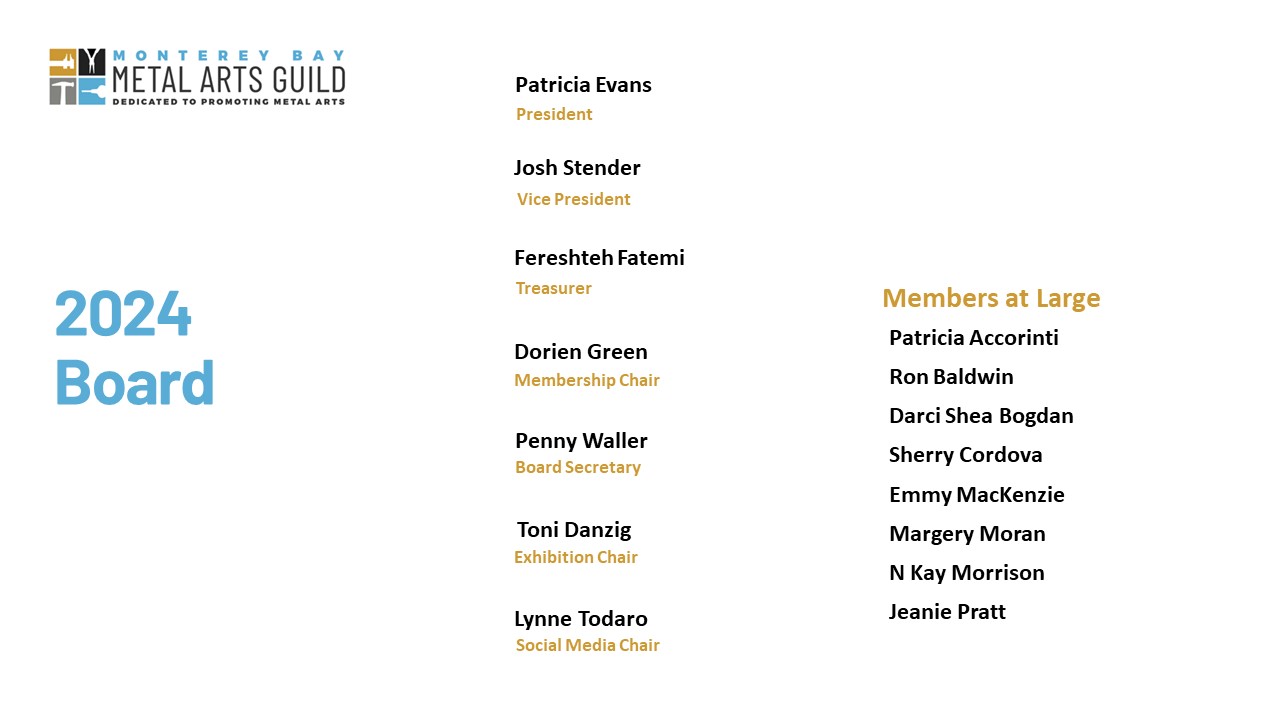 a list of all the board members who were voted in for 2024. Patricia Evans as president, Josh Stender as VP, Fereshteh Fatemi as Treasurer¿Dorien Green as Membership Chair, Penny Waller as board secretary, Toni Danzig as Exhibition Chair, Lynne Todaro as Social Media Chair and 8 other members as Members at Large