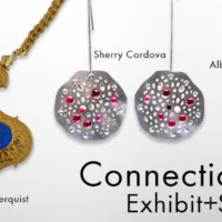Array of 3 necklaces, 2 pairs of earrings and a ring by various artists to advertise the Connections Exhibit + Sale at ZFolio Gallery in Monterey, California