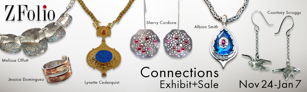 Array of 3 necklaces, 2 pairs of earrings and a ring by various artists to advertise the Connections Exhibit + Sale at ZFolio Gallery in Monterey, California