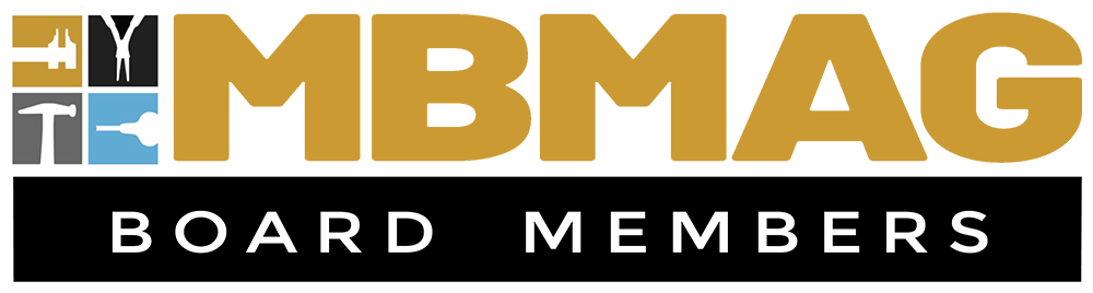 "MBMAG BOARD MEMBERS" masthead with logo to the left of MBMAG. MBMAG is in gold. Both sit atop a field of black with the words "BOARD MEMBERS" in white