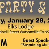Announcement for the All Member Winter Party and Potluck. Sunday January 28, 2024 at the Elks Lodge on 121 Martinelli Street near Lake in Watsonville, CA. Photo of Guest Speaker Curtis Arima whose topic will be "Sustaining Multiple Art Practices". His philosophy is to be a thinking and environmentally caring artist. The timing for the board meeting is 12-1, the potluck and speaker is 1-3, friendly exchange and sharing and cleanup from 3-4pm