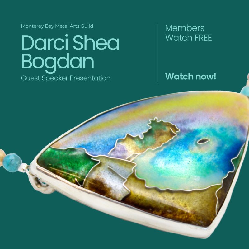 Monterey Bay Metal Arts Guild Guest Speaker Presentation Darci Shea Bogdan. Members watch FREE. Watch Now! A closeup of an enameled pendant necklace by Darci Shea Bogdan is shown