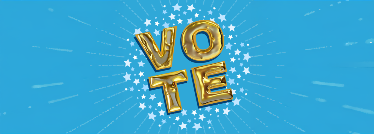 &quot;Vote&quot; for the 2026 Guild Board Members. The letters for VOTE are filled with liquid gold. The background is blue with blue and white stars surrounding the word vote.
