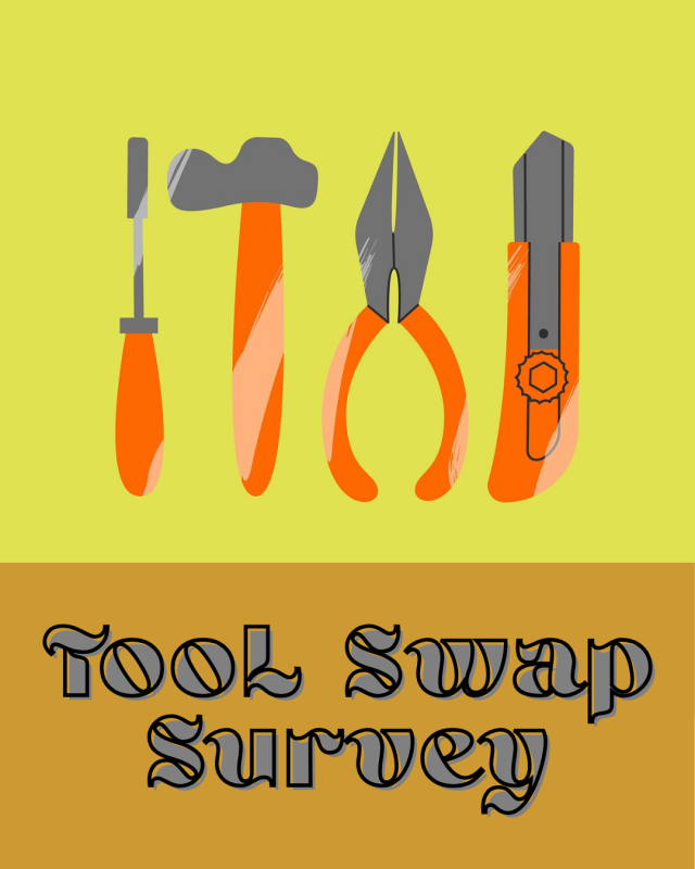 "Tool Swap Survey" with 4 tools graphics, a screw driver, a hammer, pliers and a box knife