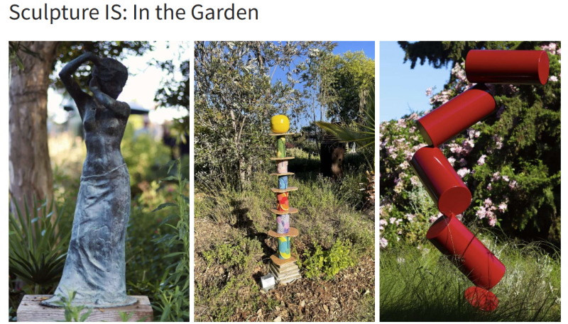 3 pieces of sculpture on display in the gardens of Sierra Azul nursery; advertising the annual Sculpture Is exhibition which runs from Jun 1 - Oct 31 2026